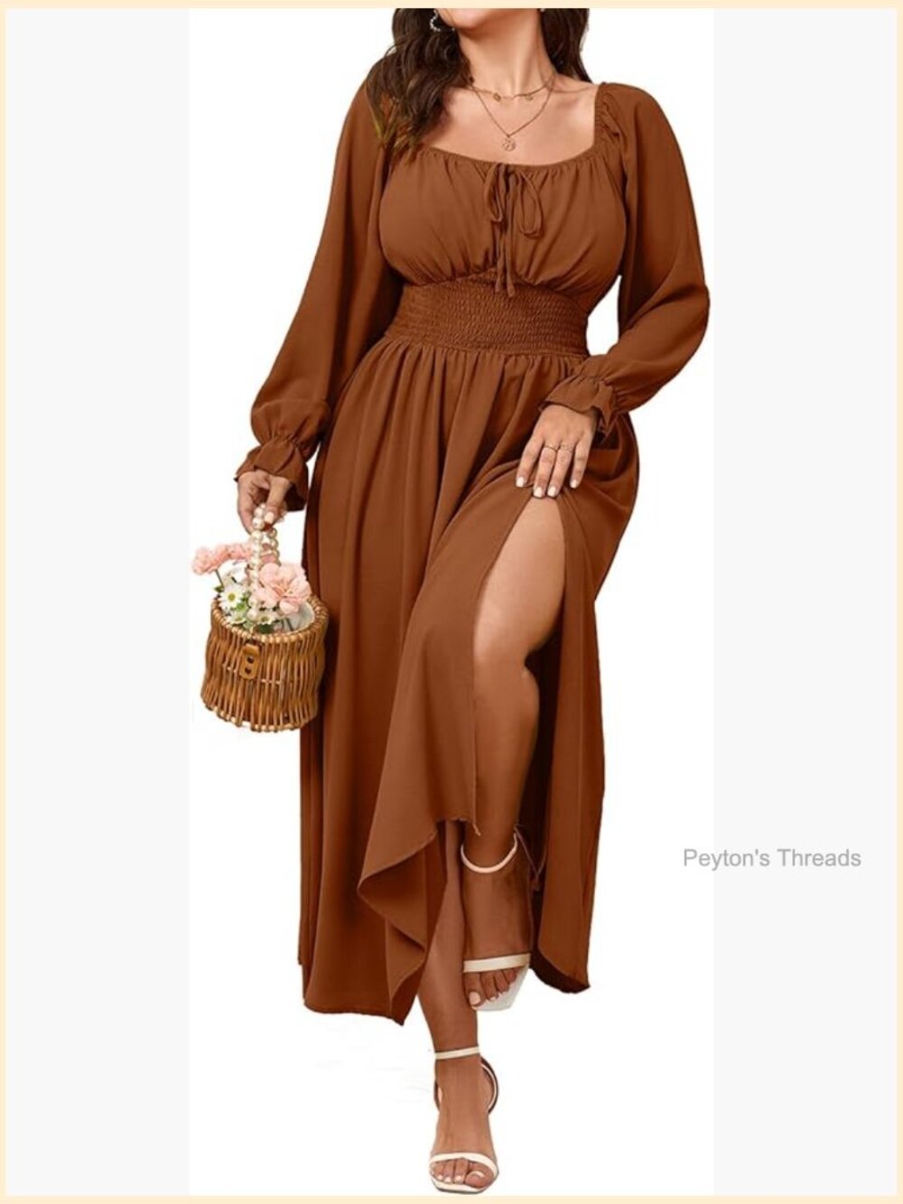 Plus Size Maxi Dress Long Sleeve Smocked Square Neck Tie Front Split A-Line